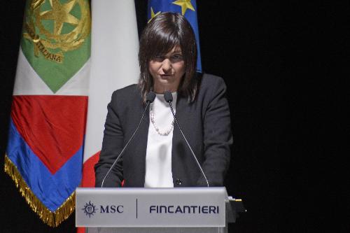 Debora Serracchiani (Presidente Regione Friuli Venezia Giulia) interviene durante la cerimonia di varo della nave da crociera MSC Seaside - Monfalcone 29/11/2017